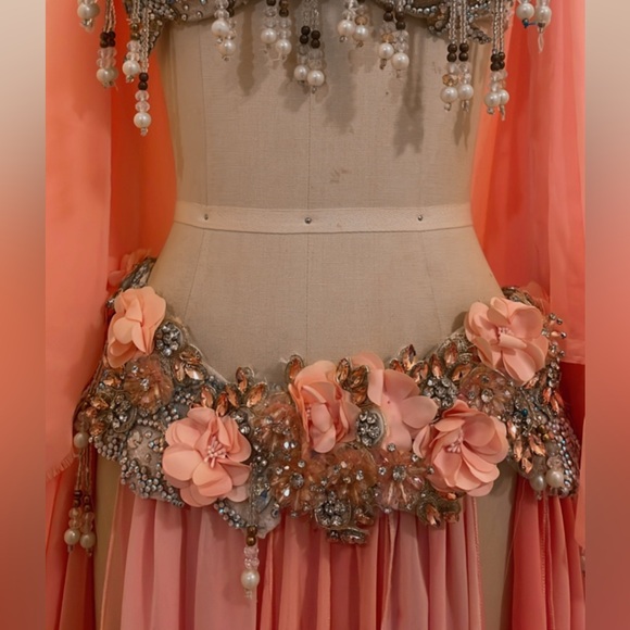 Peach 🍑 Silk Flowers Crystal Belly Dance Costume - Picture 5 of 10
